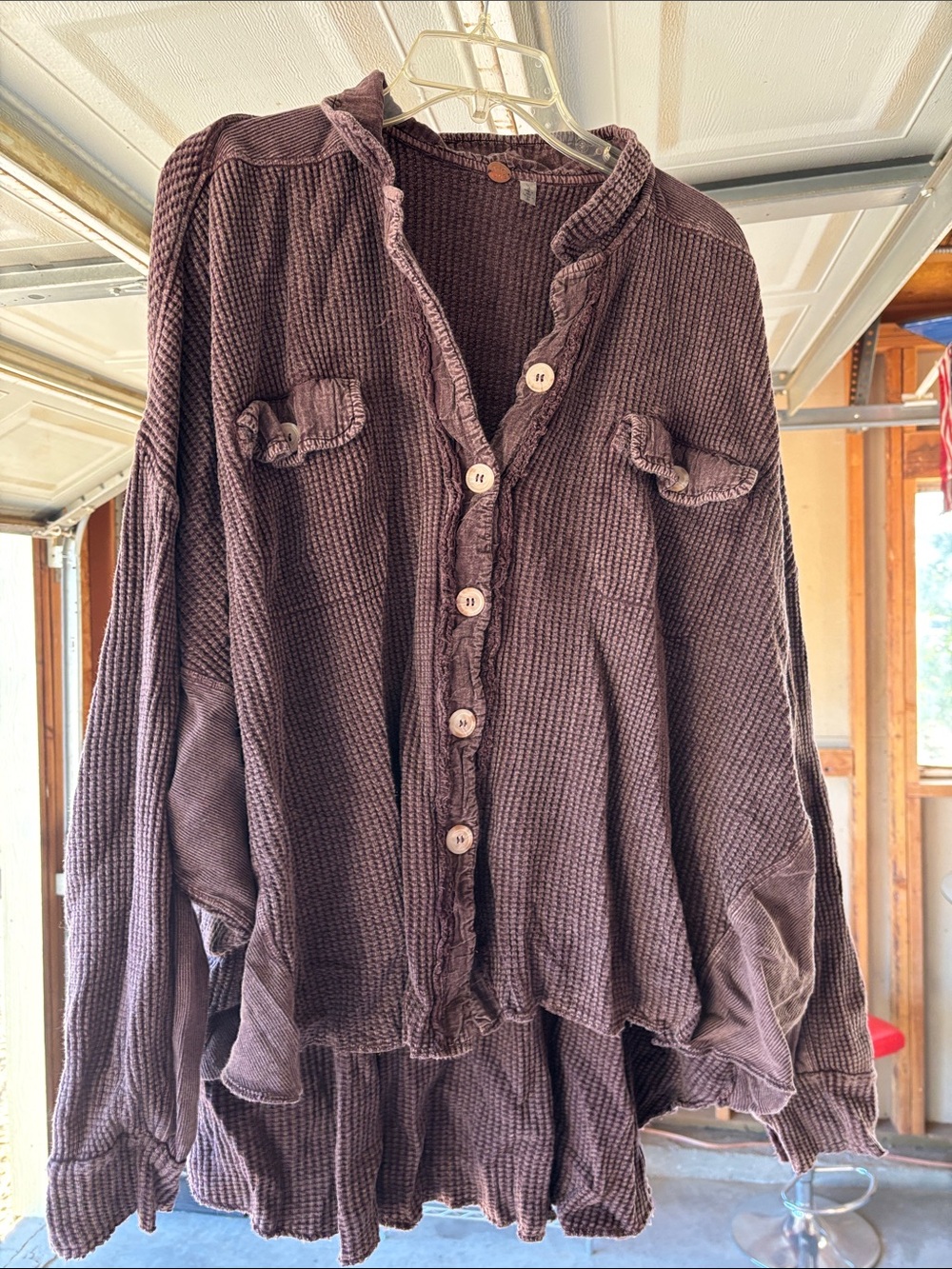 Waffle-Knit Button-Down Shirt Jacket in Deep Brown